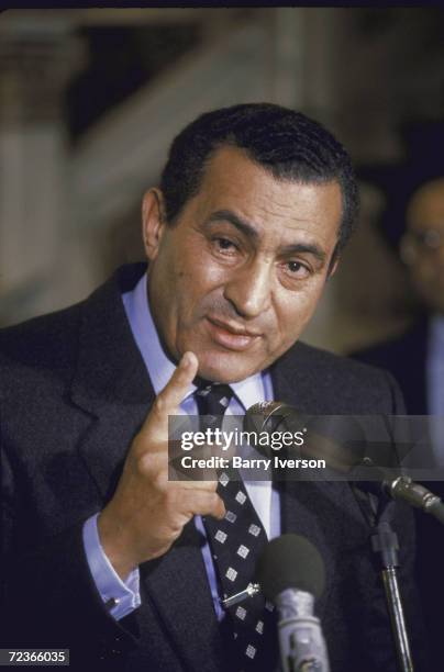 Egyptian President Husni Mubarak speaking to press after Egyptair flight 648 hijacking.