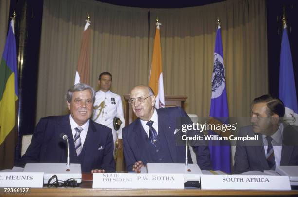 South African minister of Constitutional Development Chris Heunis, President P.with Botha and Foreign minister Roelof Botha.