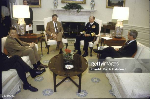 Chairman Joint Chiefs of Staff Adm. William Crowe during meeting with President Reagan , Defense Secretary Weinberger & NSC Adviser McFarlane , in...