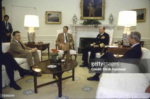 Chairman Joint Chiefs of Staff Adm. William Crowe during meeting with President Reagan , Defense Secretary Weinberger & NSC Adviser McFarlane , in...