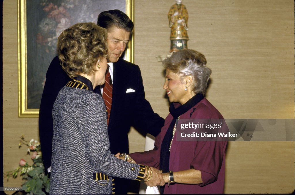Pres Ronald Reagan and wife Nancy w Marilyn Kinghoffer wi