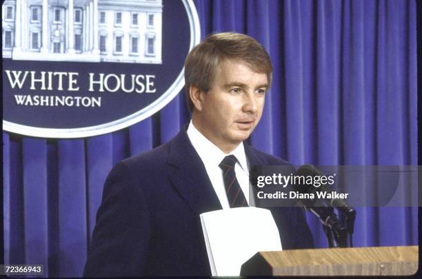 White House spokesman Larry Speakes at Press conference.