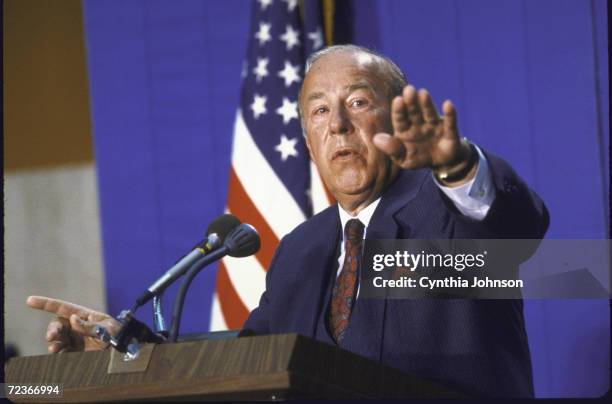 Secretary of State George Shultz speaking before leaving for Moscow to meet with Mikhail Gorbachev.