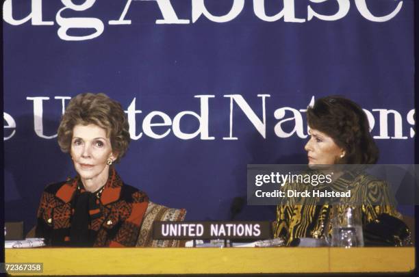 Nancy Reagan and Marcela Perez de Cuellar , wife of UN Secretary Gen, at First Ladies Conf on Drug Abuse at UN.