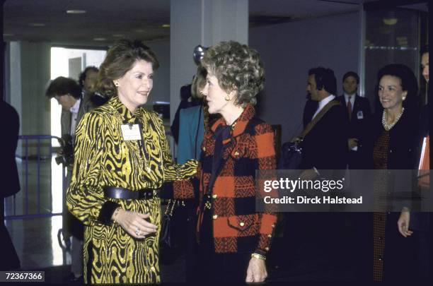 Nancy Reagan and Marcela Perez de Cuellar , wife of UN Secretary Gen, at First Ladies Conf on Drug Abuse at UN.