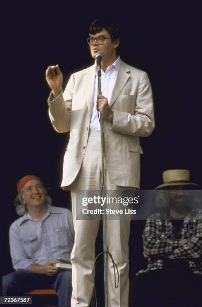 Humorist Garrison Keillor extemporizing on Boston Common during NPR fundraiser.