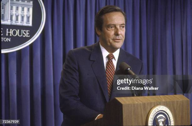 Secretary of Labor nominee WIlliam E. Brock at Press Conference.