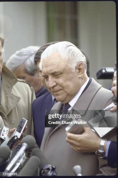 Soviet politbureau member Vladimir Shcherbitsky outside the White House after meeting with President Reagan.