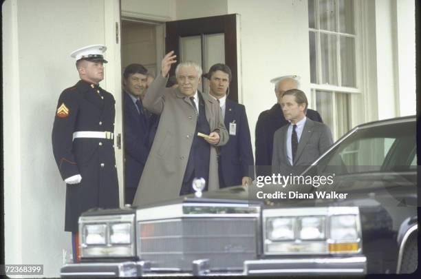 Soviet politbureau member Vladimir Shcherbitsky outside the White House after meeting with President Reagan.