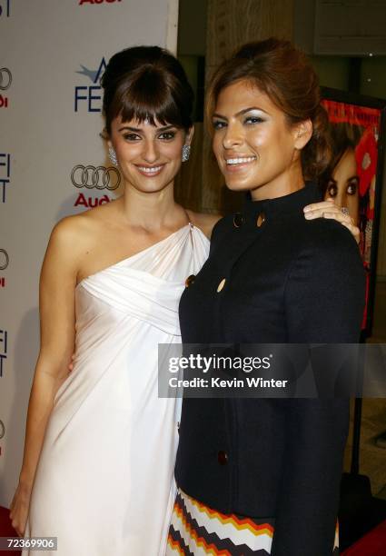 Actresses Penelope Cruz and Eva Mendes arrive at the tribute to Penelope Cruz screening of Volver during 2006 AFI FEST presented by Audi held at...