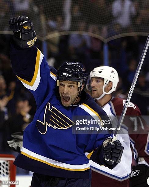 Bill Guerin of the St. Louis Blues celebrates a goal against the Colorado Avalanche at the Scottrade Center on November 2, 2006 in St. Louis,...