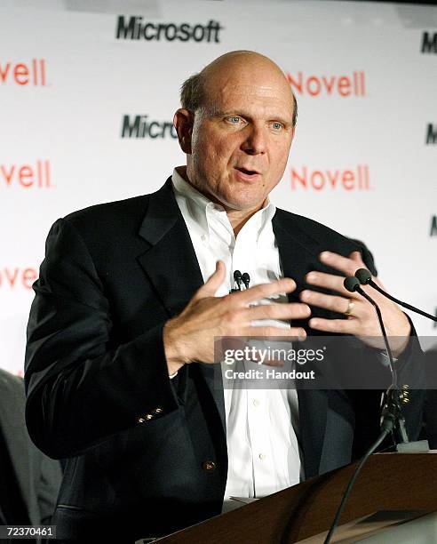 In this photo provided by Microsoft, CEO Steve Ballmer speaks during a press conference to announce a set of broad business and technical...