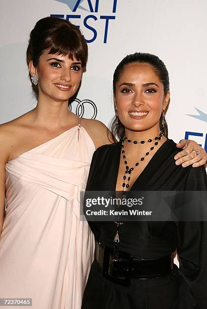 Actresses Penelope Cruz and Salma Hayek arrive at the tribute to Penelope Cruz screening of Volver during 2006 AFI FEST presented by Audi held at...