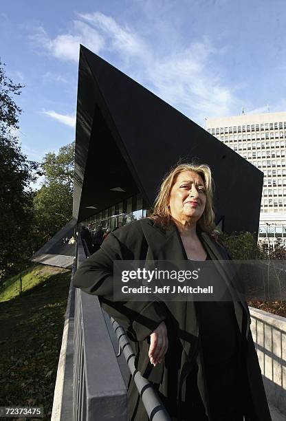 Architect Zaha Hadid poses in front of the new Maggie Centre at the Victoria Hospital in Kirkcaldy November 3, 2006 in Kirkcaldy, Scotland. The Fife...