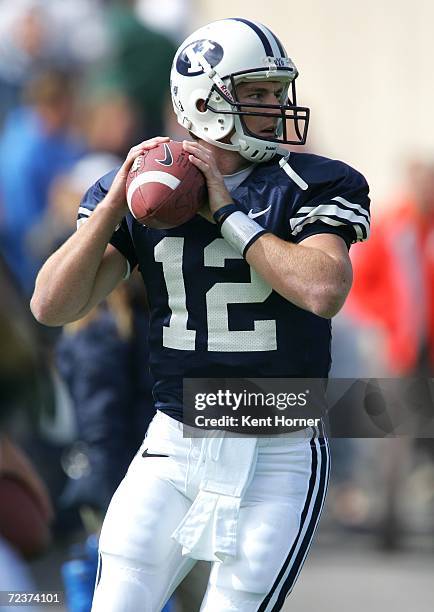 Quarterback John Beck of the Brigham Young Cougars warms up prior to the game against the Utah State Aggies on September 23, 2006 at La Vell Edwards...