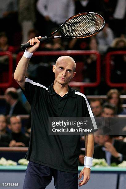 Nikolay Davydenko of Russia celebrates defeating Mario Ancic of Croatia in the quarter finals during day five of the BNP Paribas ATP Tennis Masters...
