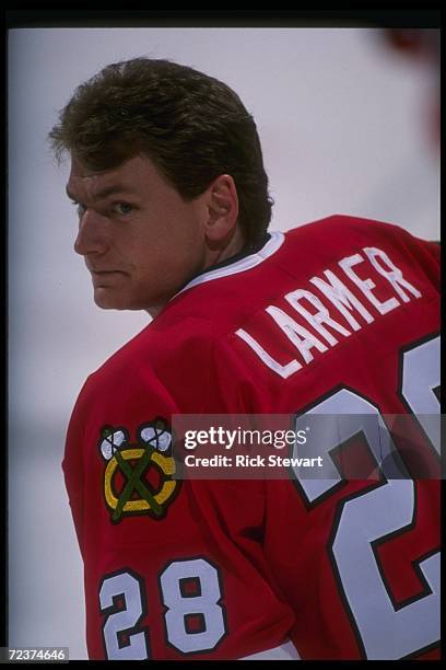 Rightwinger Steve Larmer of the Chicago Blackhawks looks on during a game against the Buffalo Sabres at Memorial Auditorium in Buffalo, New York....