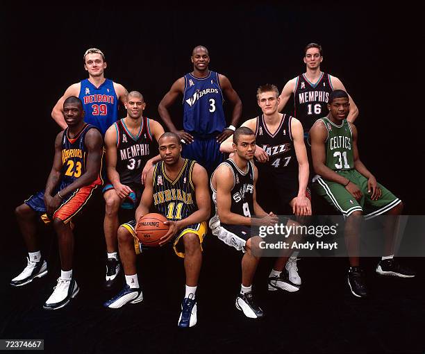 The 2002 All-Star Rookie team poses for a portrait from Top to Bottom : Zeljko Rebraca, Brendan Haywood, Pau Gasol, Jason Richardson,Shane...