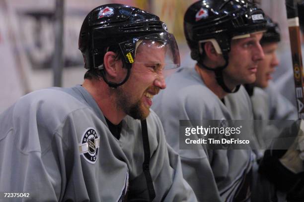 Forward Peter Forsberg of the Colorado Avalanche enjoys a moment of the morning practice of training camp during the 2001 NHL Challenge Series at the...