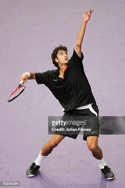Mario Ancic of Croatia serves to Nikolay Davydenko of Russia in the quarter finals during day five of the BNP Paribas ATP Tennis Masters Series at...