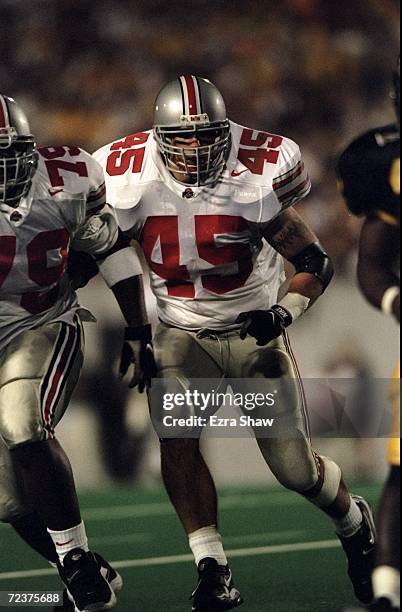 Middle linebacker Andy Katzenmoyer of the Ohio State Buckeyes in action during the game against the West Virginia Mountaineers at the West Virginia...