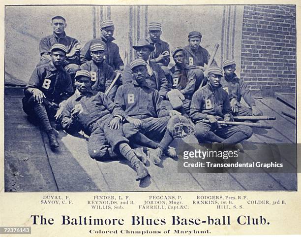C.1890. The Negro team, the Baltimore Blues Base Ball Club, "Colored Champions of Maryland," poses for a team portrait sometime around 1890.