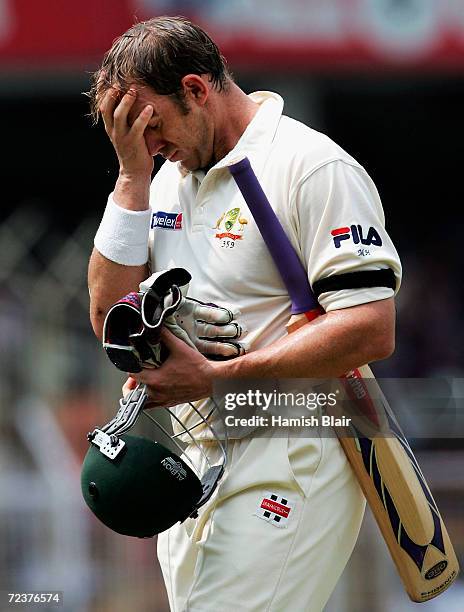 Matthew Hayden of Australia leaves the field after being dismissed during day one of the Second Test between India and Australia played at MA...