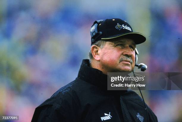 Close up of Head Coach Mike Ditka of the New Orleans Saints as he watches from the side during the game against the Chicago Bears at the Soldier...