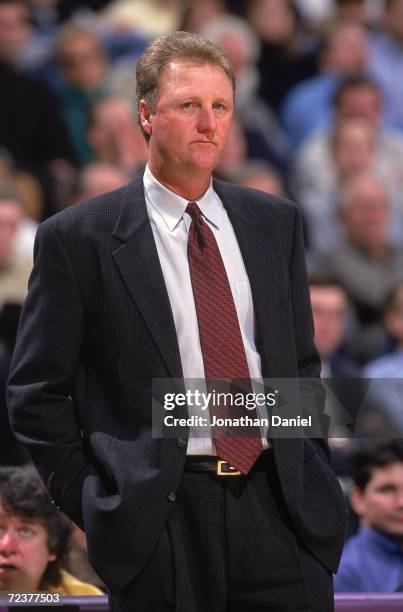 Head Coach Larry Bird of the Indiana Pacers watches the action from the sidelines during a game against the Milwaukee Bucks of the at the Bradley...