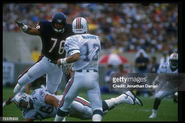 Defensive lineman Steve McMichael of the Chicago Bears goes after Miami Dolphins quarterback Dan Marino during a game at Soldier Field in Chicago,...