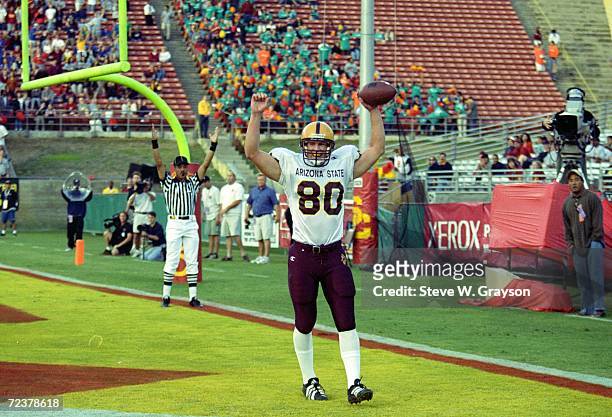 Todd Heap of the Arizona State Sun Devils celebrates the touchdown during a game against the USC Trojans at the LA Coliseum in Los Angeles,...