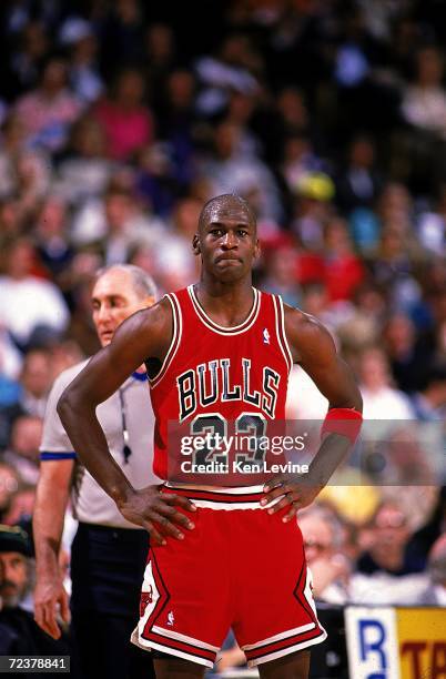 Michael Jordan of the Chicago Bulls looks on during the game. Mandatory Credit: Ken Levine /Allsport