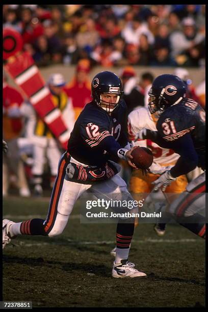 Quarterback Erik Kramer of the Chicago Bears hands off to running back Rashaan Salaam to move the ball upfield against the Tampa Bay Buccaneers at...