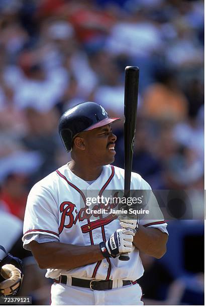 Bobby Bonilla of the Atlanta Braves at bat during the game against the Cleveland Indians at Turner Field in Atlanta, Georgia.