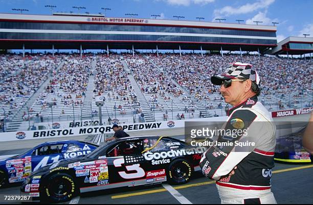 Dale Earnhardt looking on during practice for the Food City 500 of the NASCAR Winston Cup Series at the Bristol Motor Speedway in Bristol, Tennessee....