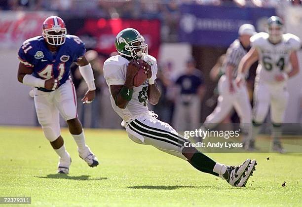 Plaxico Burress of the Michigan State Spartans slids to the ground with the ball during the Citrus Bowl Game against the Florida Gators at the Citrus...