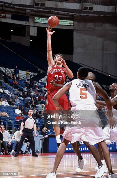 Forward Greg Stempin of the Fayetteville Patriots shoots a jumper during the NBDL game against the Roanoke Dazzle at the Crown Coliseum in...