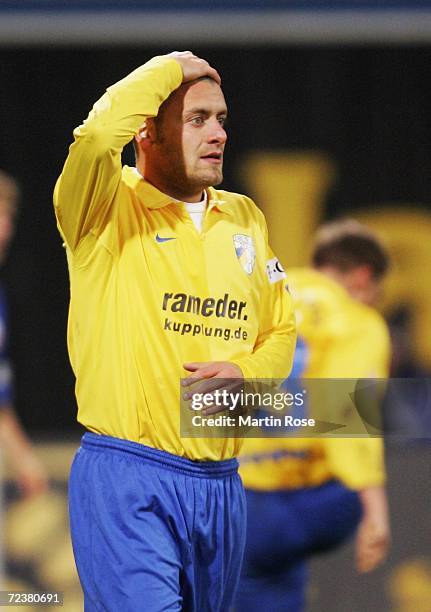 Patrick de Napoli of Jena reacts during the Second Bundesliga match between Hansa Rostock and Carl Zeiss Jena at the Ostsee stadium on November 3,...