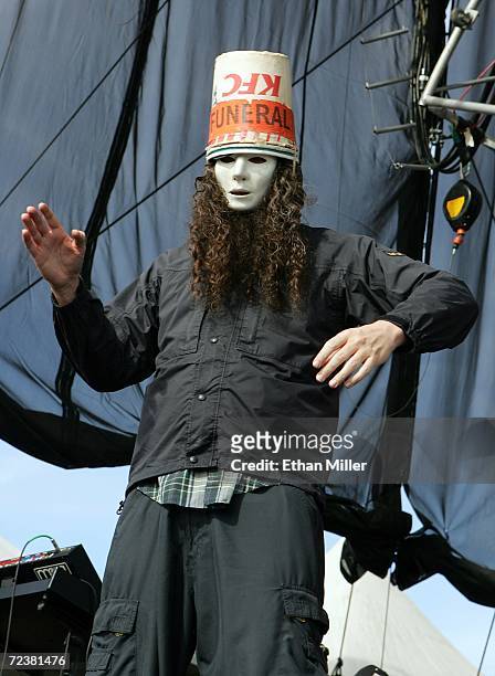 Guitarist Buckethead dances as he performs with the band Praxis at the Vegoose music festival at Sam Boyd Stadium's Star Nursery Field October 28,...