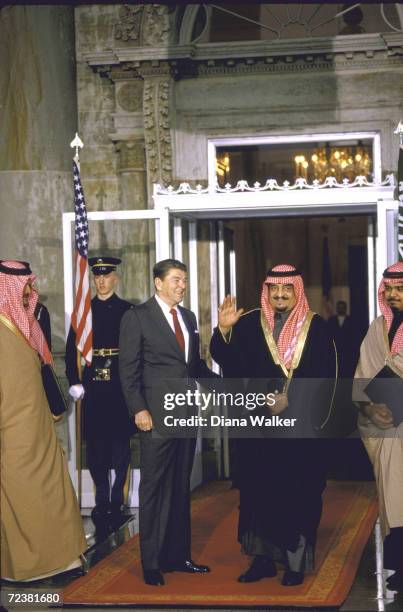 President Ronald Reagan with Saudi King Fahd, Princes Bander & Saud, at WH portico.