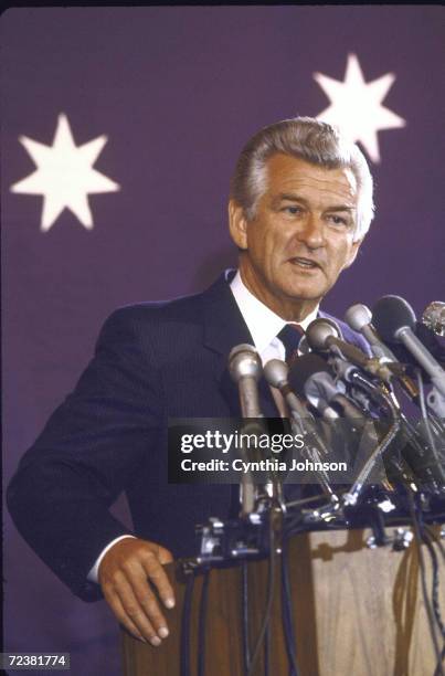 Australian PM Robert Hawke speaking at the Australian embassy during his visit to the US.