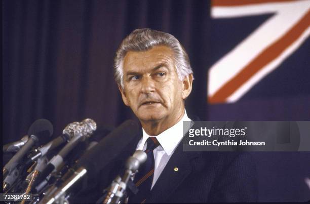 Australian PM Robert Hawke speaking at the Australian embassy during his visit to the US.