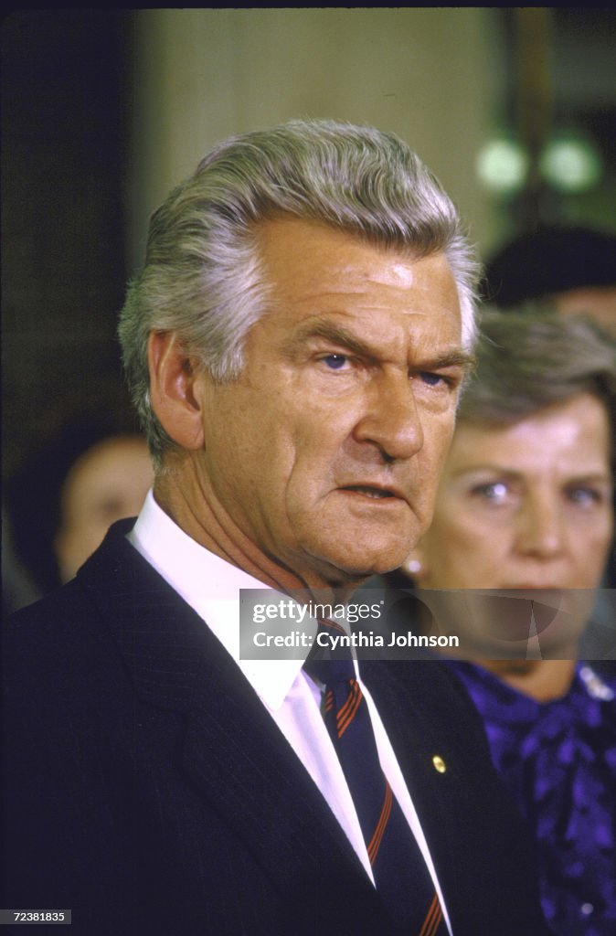 Australian PM Robert Hawke speaking to the press