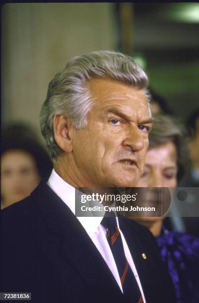 Australian PM Robert Hawke speaking to the press.