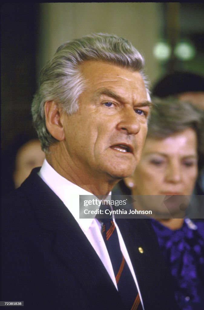 Australian PM Robert Hawke speaking to the press