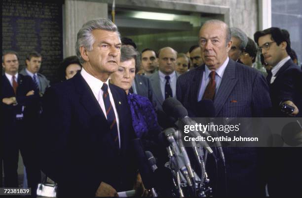 Australian PM Robert Hawke with US Secretary of State George Shultz.