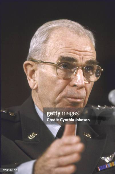 Joint Chiefs of Staff Chairman John Vessey at Senate Armed Services Committee hearing on defense budget.