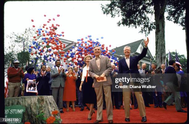 Former President Jimmy Carter, Dem. President candidate Walter Mondale & Roselyn Carter; with Andrew Young, Jesse Jackson, at Dem. Party picknick.