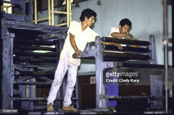 Printing presses being readied for re-opening of opposition news-paper, La Prensa, closed down by Sandinistas, soon to be in operation re Arias peace...