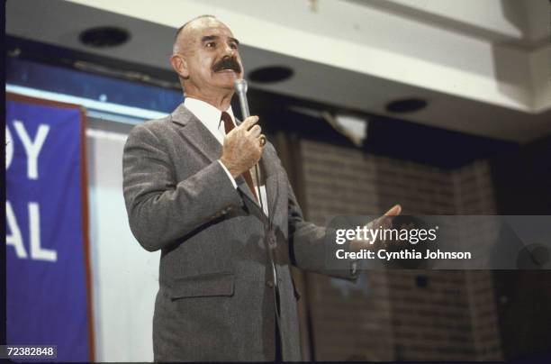 Ex-Nixon aide/Watergate co-conspirator G. Gordon Liddy addressing students at Amer. University.